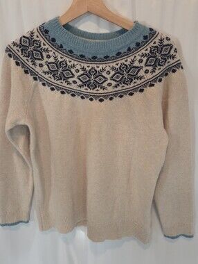 Tabitha Webb XL Classic Nordic Cream Crewneck Sweater with Blue Yoke
